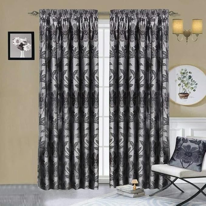 Antalya jacquard pencil pleat curtains in grey, fully lined pair with tiebacks