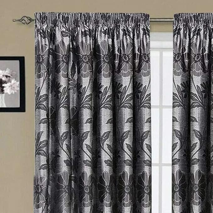 Fully lined grey jacquard pencil pleat curtain fabric close up