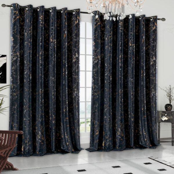 Black glitzy velvet eyelet curtains with metallic print Rugstars UK