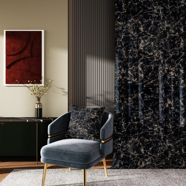 Black metallic print velvet curtains close up Rugstars UK