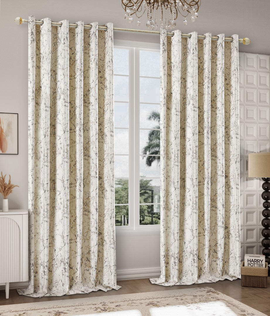Cream glitzy velvet eyelet curtains with metallic print Rugstars UK