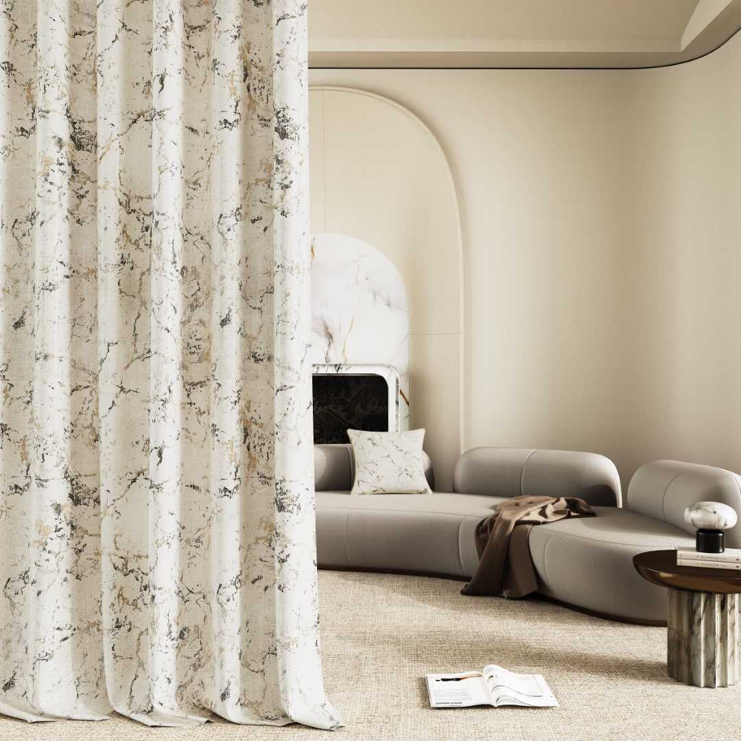 Cream metallic print velvet curtains close up Rugstars UK