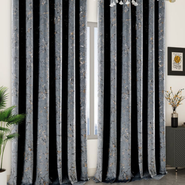 Grey glitzy velvet eyelet curtains with metallic print Rugstars UK