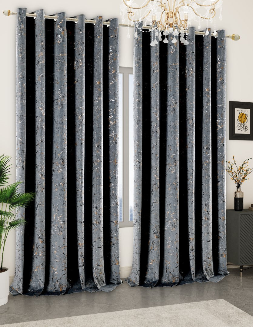 Grey glitzy velvet eyelet curtains with metallic print Rugstars UK