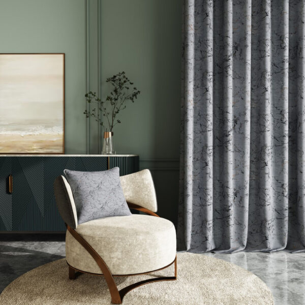 Grey metallic print velvet curtains close up Rugstars UK