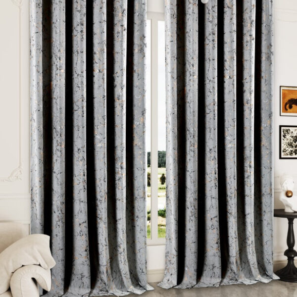 Silver glitzy velvet eyelet curtains with metallic print Rugstars UK