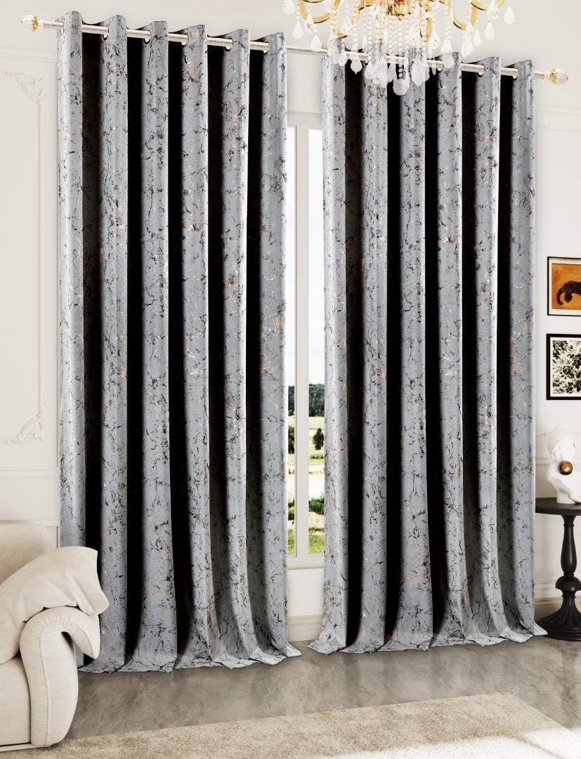 Silver glitzy velvet eyelet curtains with metallic print Rugstars UK