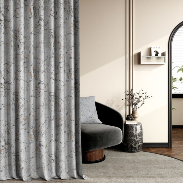 Silver metallic print velvet curtains close up Rugstars UK