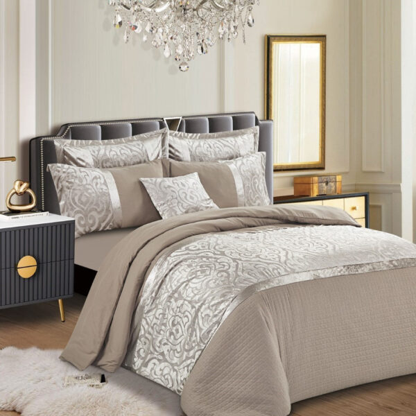 Mink Infinity jacquard velvet duvet cover set styled for a warm bedroom look