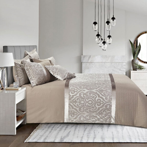 Mink jacquard velvet duvet cover close-up showing damask texture