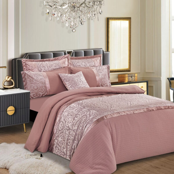Pink Infinity jacquard velvet duvet cover set styled on a bed