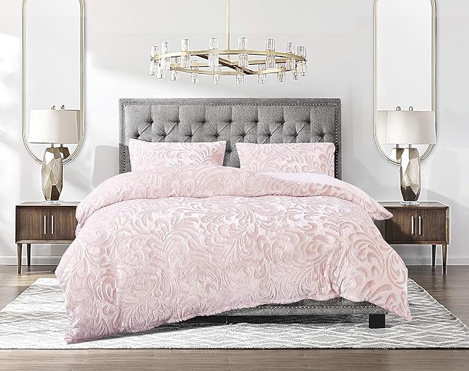 Pink pressed velvet teddy fleece duvet set with plush floral bedding texture
