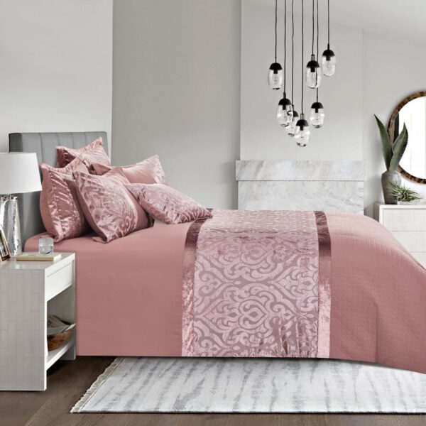 Pink jacquard velvet duvet cover close-up showing patterned texture