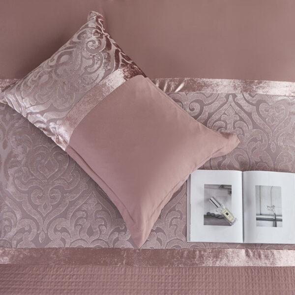 Pink damask jacquard bedding set showing soft velvet detail
