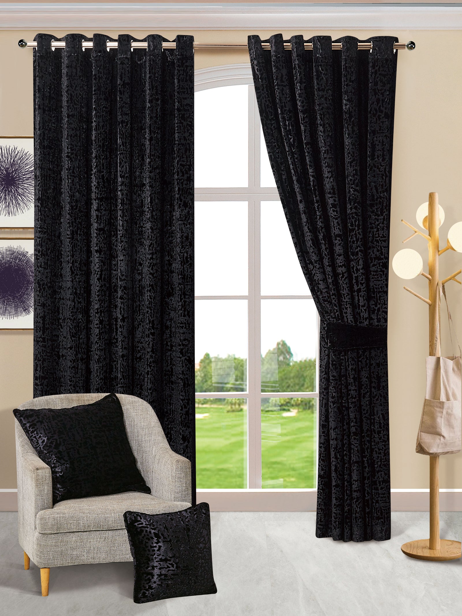 Black luxury plush velvet window curtains Rugstars UK