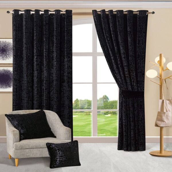 Black plush velvet eyelet curtains Rugstars UK