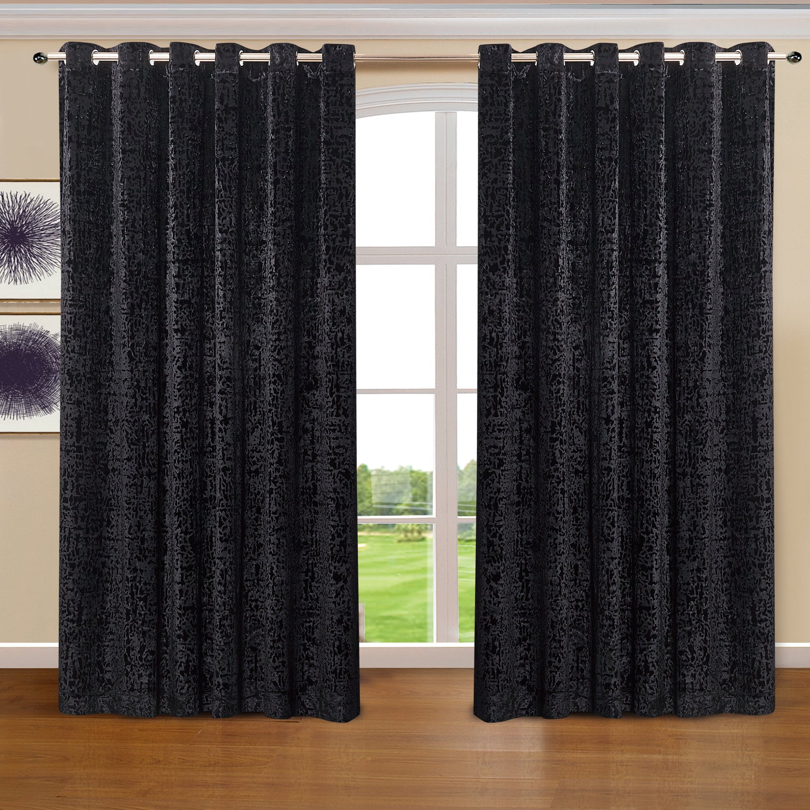 Black ready made plush velvet eyelet curtains Rugstars UK