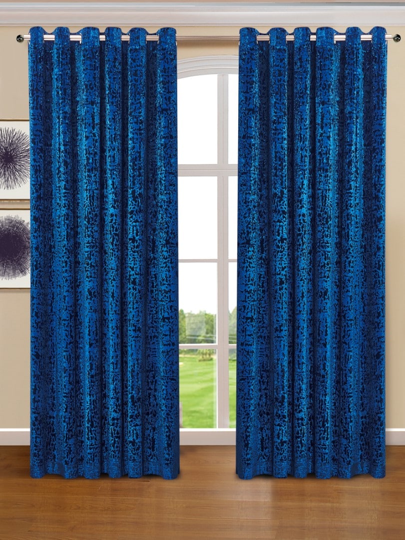 Blue ready made plush velvet eyelet curtains Rugstars UK