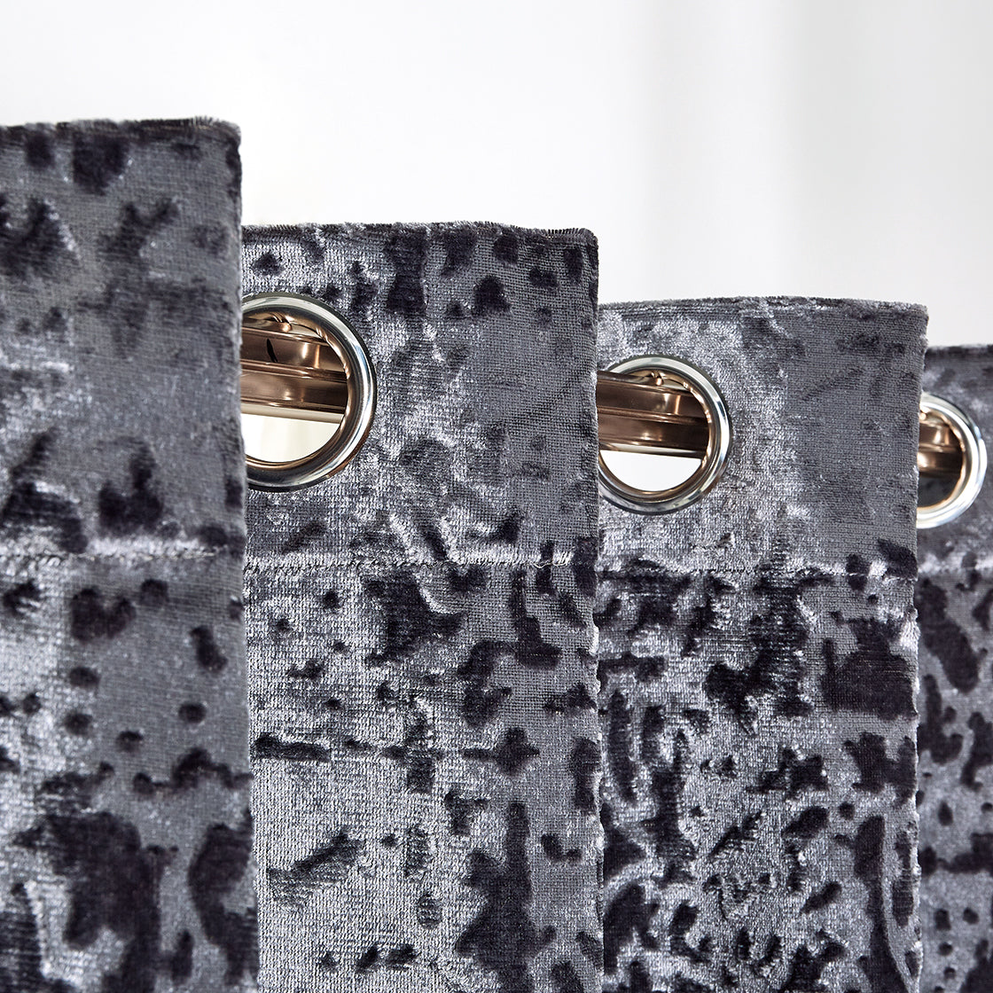 Grey velvet eyelet curtains with matching tiebacks Rugstars UK