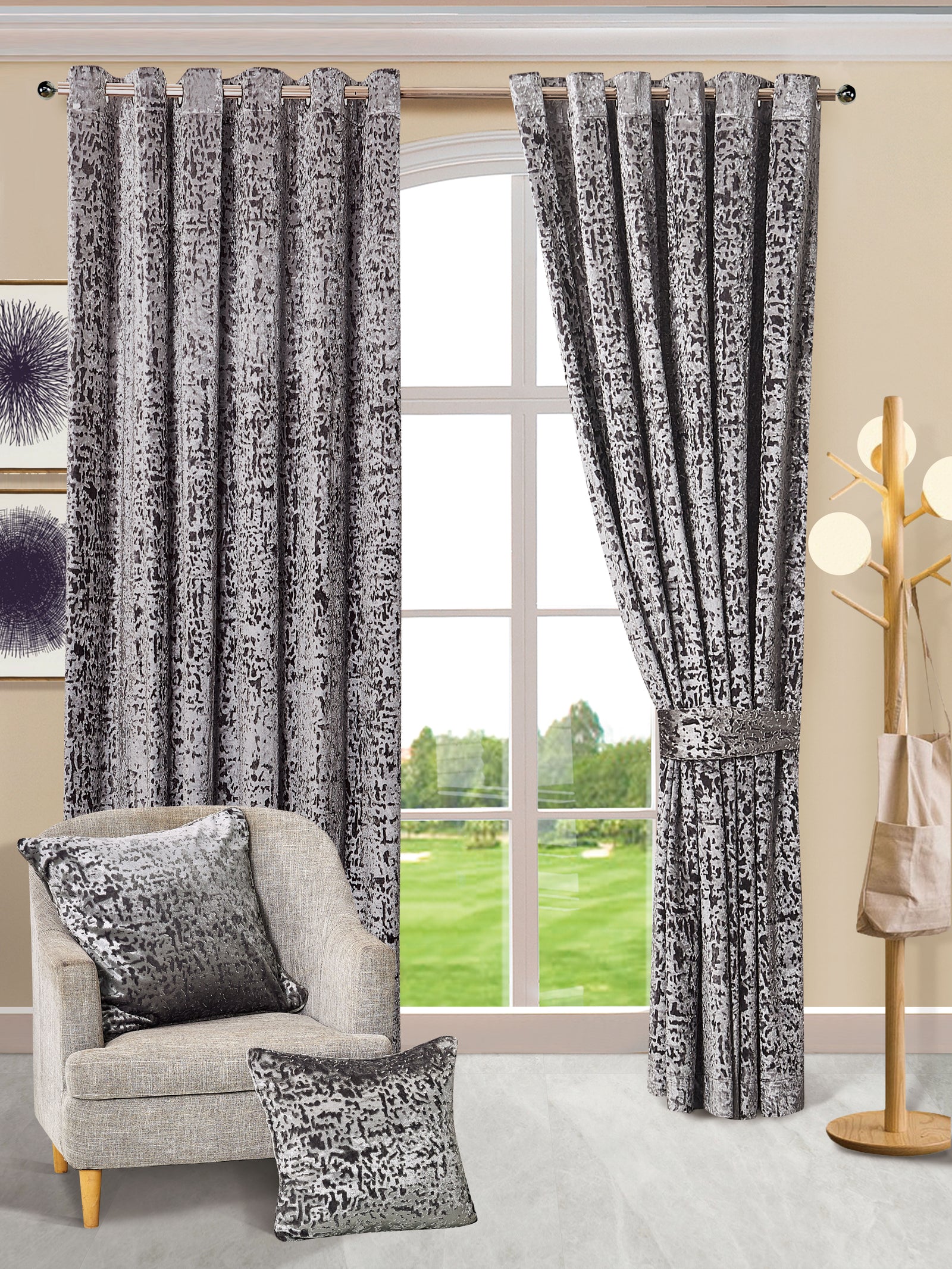 Silver luxury plush velvet window curtains Rugstars UK