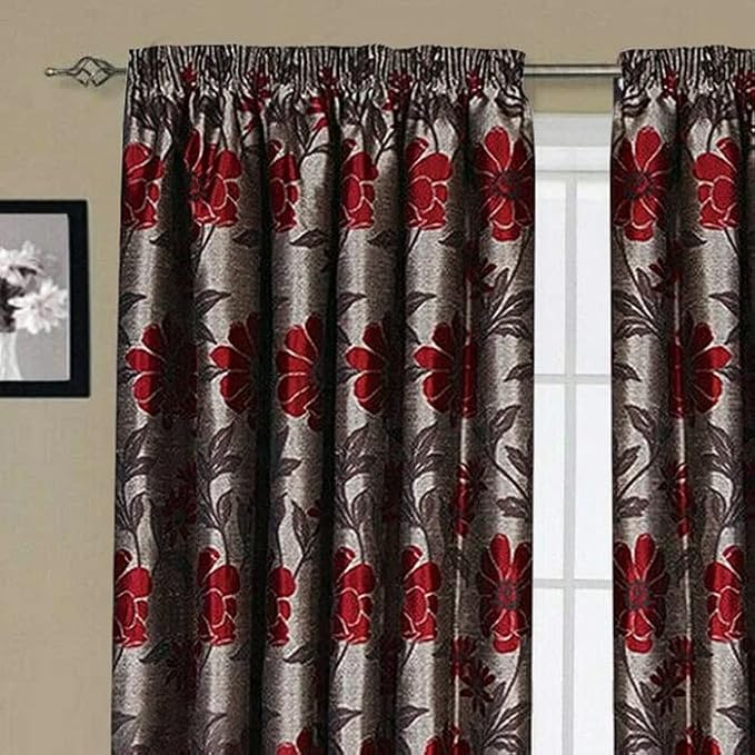 Red Antalya floral jacquard curtains showing pencil pleat heading detail