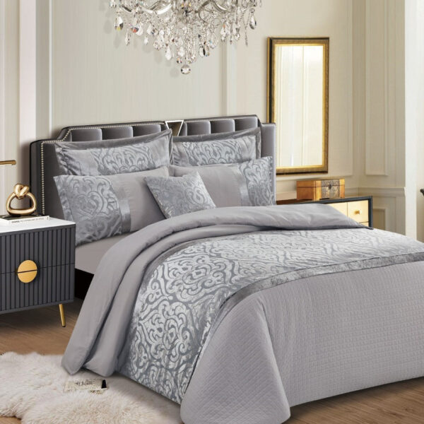 Silver Infinity jacquard velvet duvet cover set styled for a modern bedroom