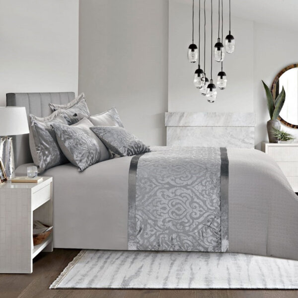 Silver jacquard velvet duvet cover close-up showing damask pattern