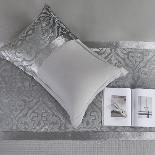 Silver damask jacquard bedding set showing pillowcase detail