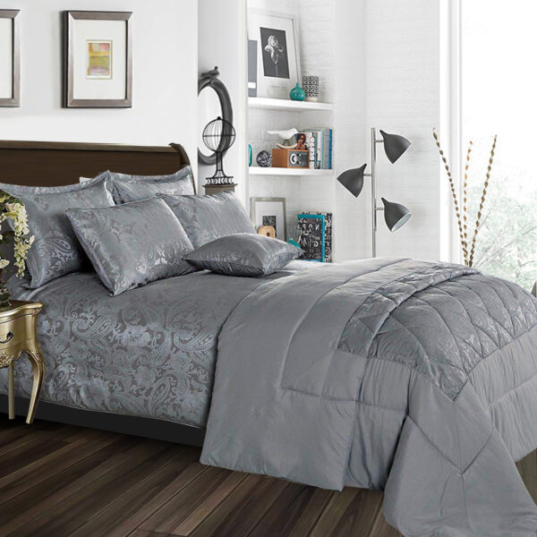Silver Cleo quilted jacquard bedspread elegant bedding set Rugstars UK