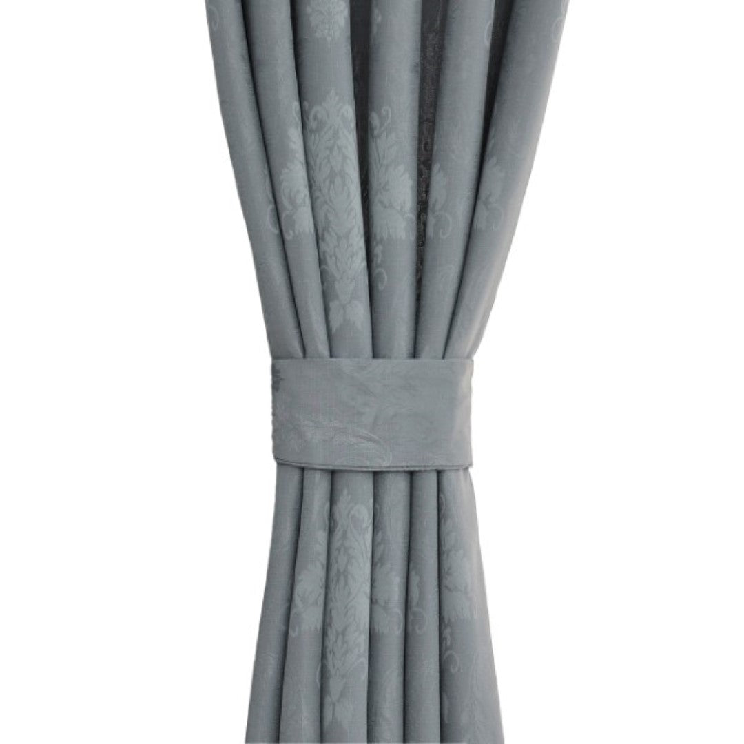 Silver jacquard eyelet curtains close up damask pattern Rugstars UK