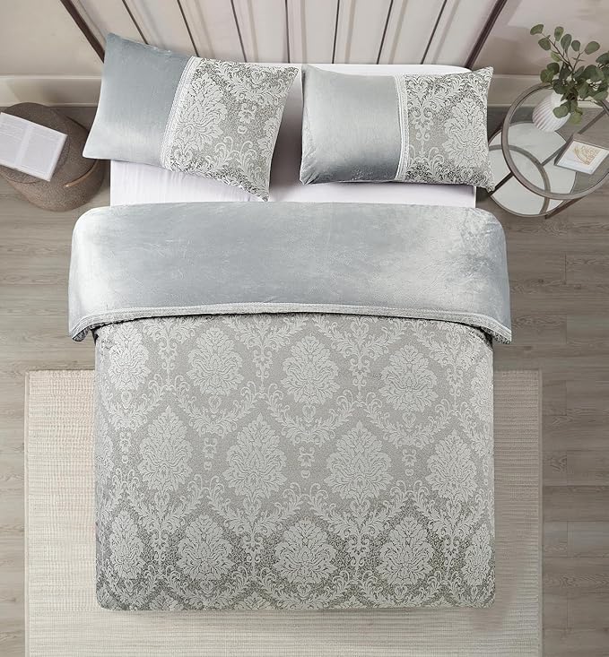 Silver grey Charm jacquard damask duvet cover set with pillowcases