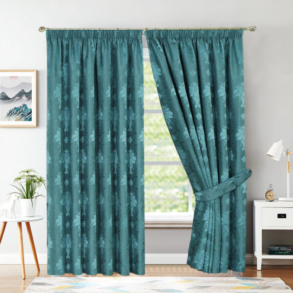Teal Virginia jacquard pencil pleat curtains fully lined Rugstars UK