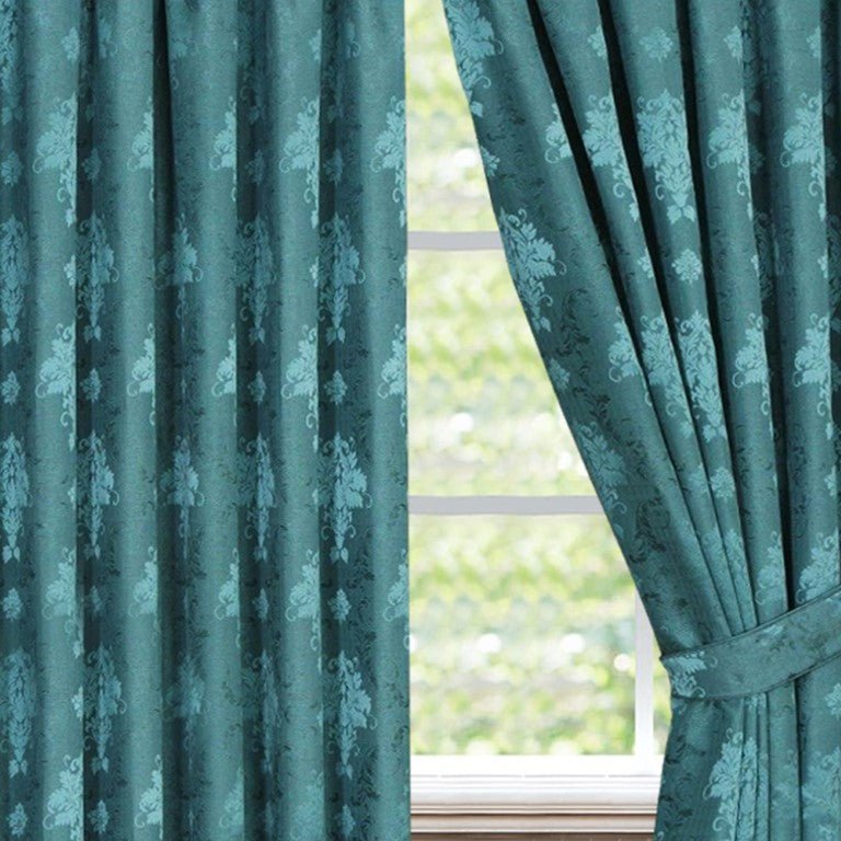 Teal Virginia pencil pleat curtains woven damask detail Rugstars UK