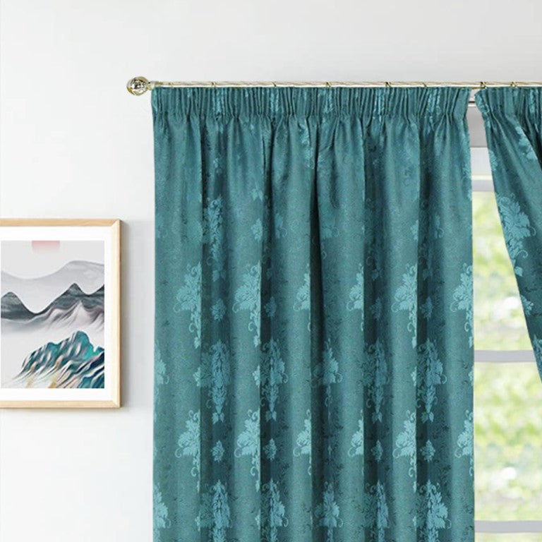 Teal Virginia fully lined pencil pleat curtains close up Rugstars UK