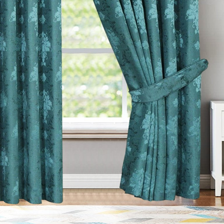 Teal Virginia jacquard curtains pencil pleat header Rugstars UK