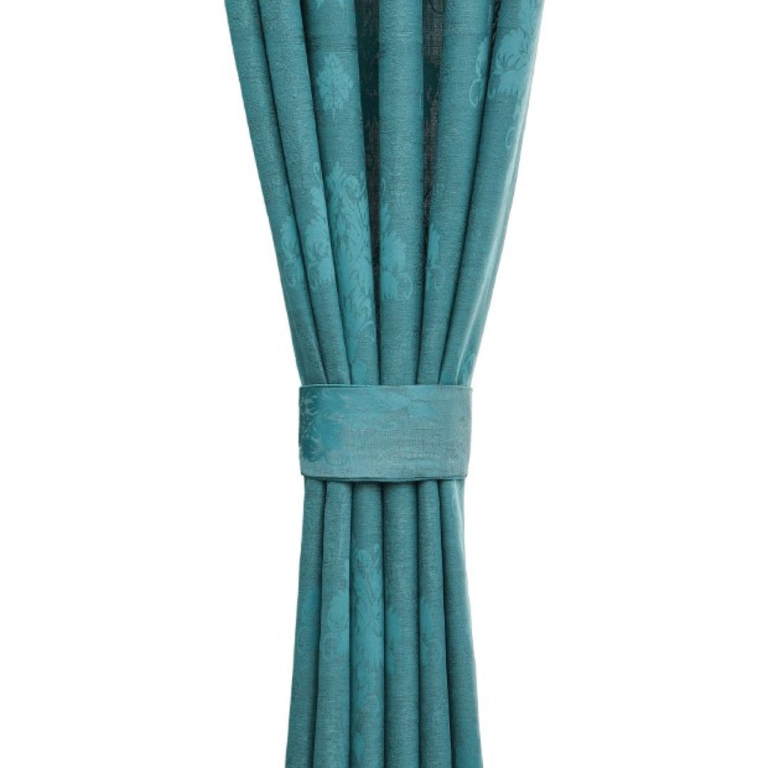 Teal jacquard eyelet curtains close up damask pattern Rugstars UK
