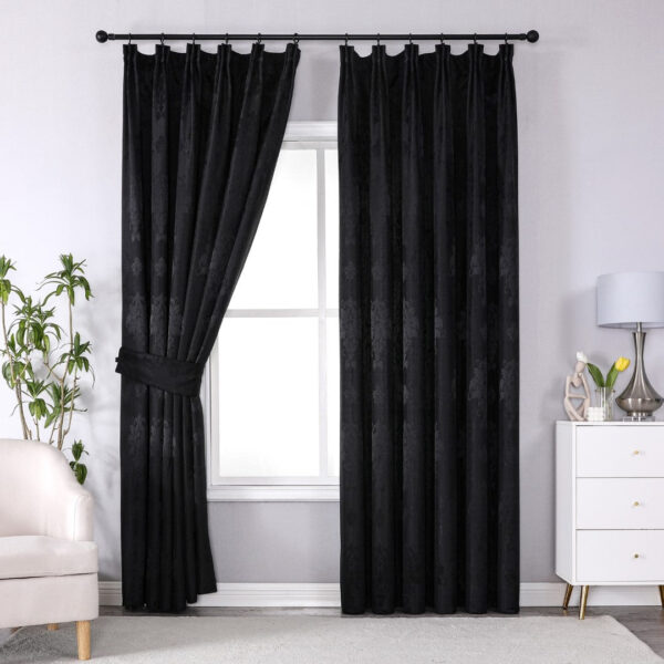 Black Virginia jacquard pencil pleat curtains fully lined Rugstars UK