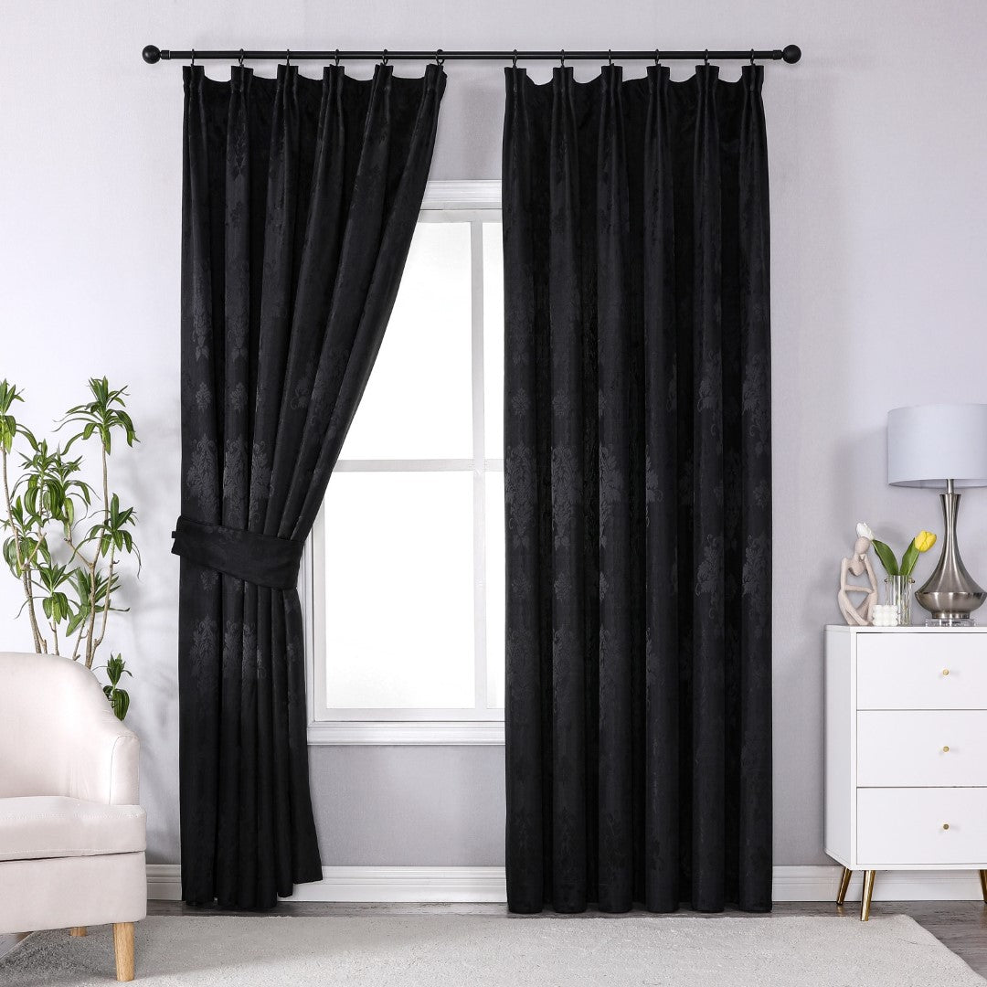 Black Virginia jacquard pencil pleat curtains fully lined Rugstars UK