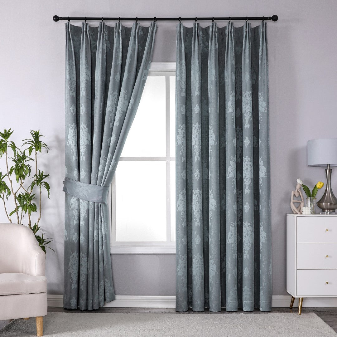 Silver Virginia jacquard pencil pleat curtains fully lined Rugstars UK