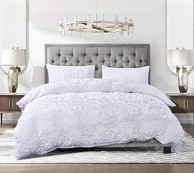 White pressed velvet teddy fleece duvet set for cosy bedroom styling