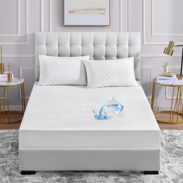 White waterproof quilted mattress protector with soft microfiber top and box stitch padding