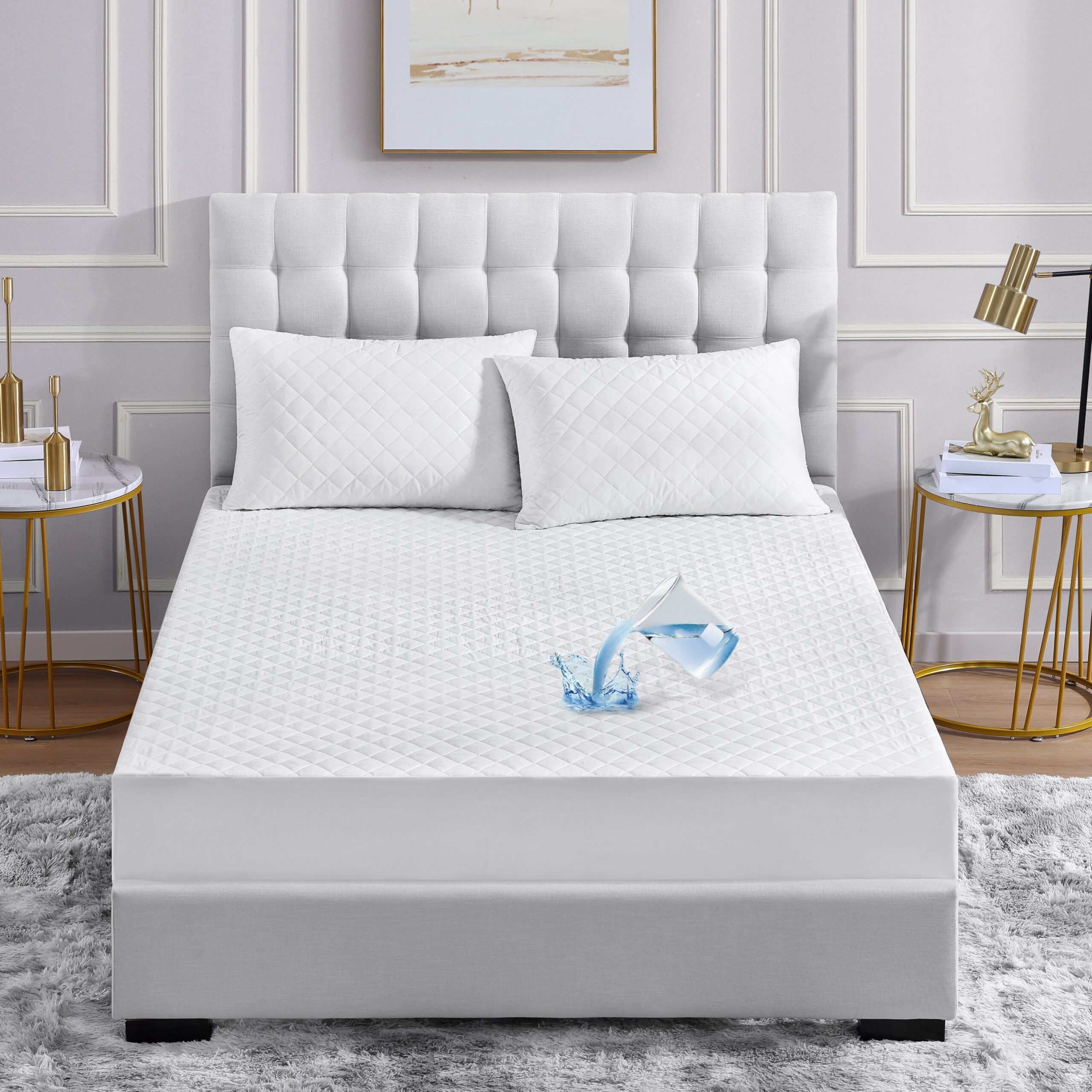 White waterproof quilted mattress protector with soft microfiber top and box stitch padding