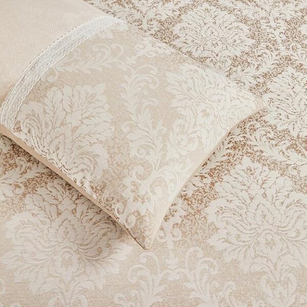 Mink damask jacquard duvet cover set styled on a bed