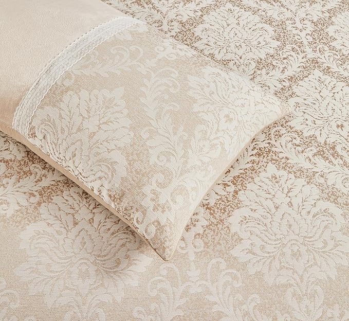 Mink damask jacquard duvet cover set styled on a bed