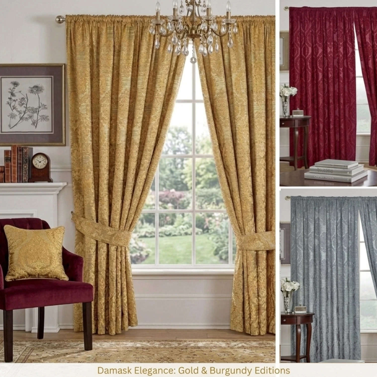 Las Vegas jacquard pencil pleat curtains in Burgundy Gold and Silver