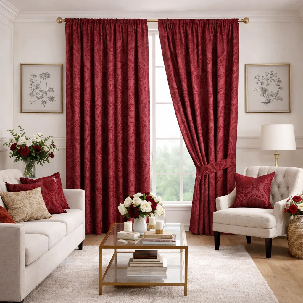 Burgundy Las Vegas jacquard pencil pleat curtains
