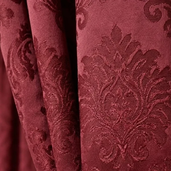 Burgundy damask jacquard curtain fabric close up