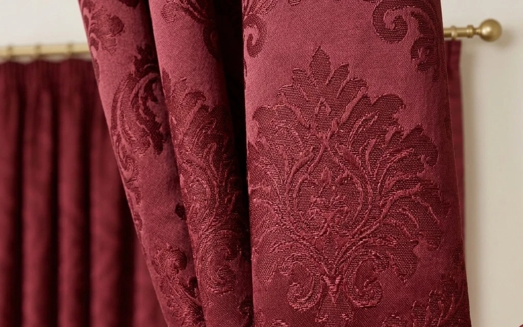 Burgundy damask jacquard curtain fabric close up