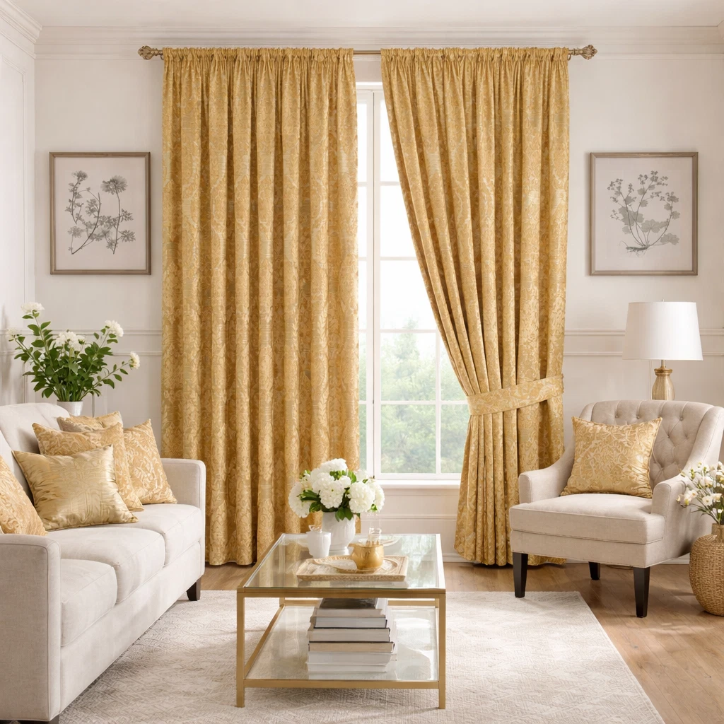 Gold Las Vegas jacquard pencil pleat curtains