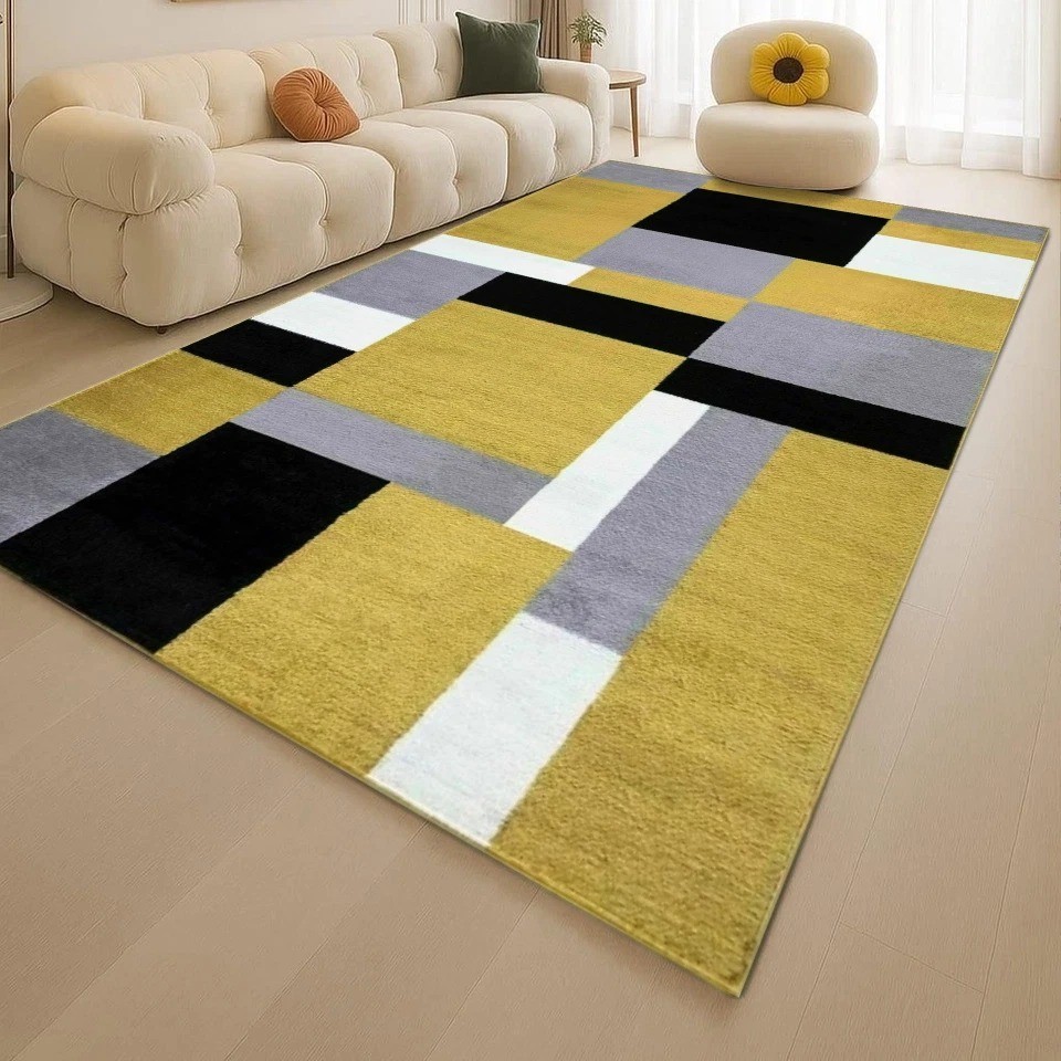 Beige Brown Kilas Modern Geometric Rug with mustard, black, grey and white blocks in a living room Rugstars UK